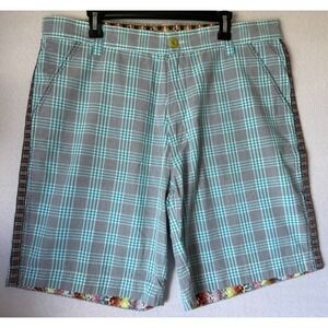 Robert Graham Shorts Men 38 Plaid Blue Cotton Flat Front Chino Casual Preppy